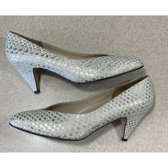 Amalfi Italian Leather Snakeskin Print White/Shiny Gold Pumps Women’s 8B Wedding - Picture 6 of 11